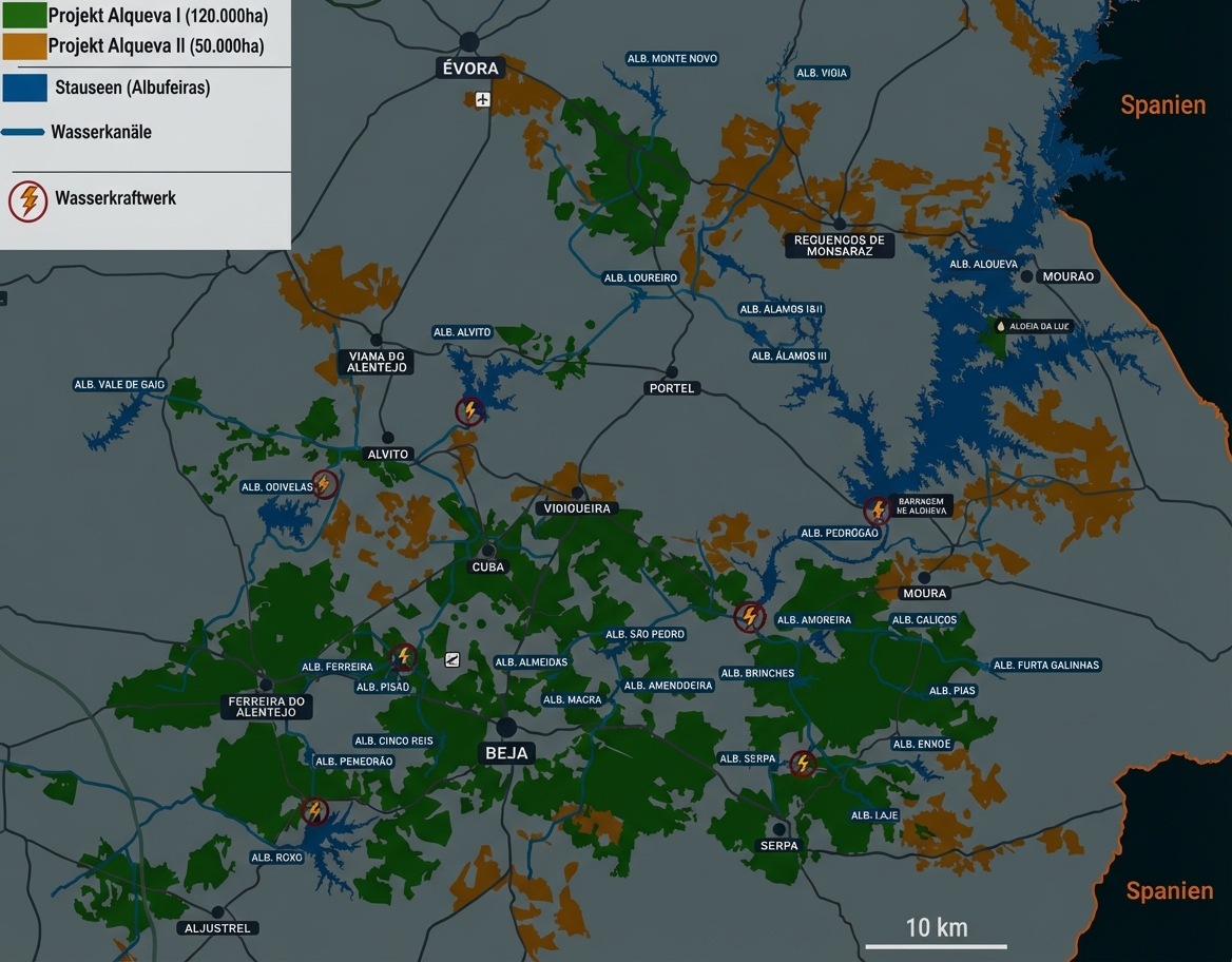 Detaillierte, beschriftete Karte des Alqueva-Bewässerungs- und Energieprojekts in Portugal. Eine Legende oben links definiert zwei Projektphasen: 'Alqueva I (grün)' und 'Alqueva II (orange)', sowie 'Stauseen (blau)', 'Kanäle (blaue Linien)' und 'Wasserkraftwerke (rote Kreise mit Blitz-Symbol)'. Die Karte zeigt Städte wie Évora (mit Flughafen-Symbol), Beja, und Serpa, sowie zahlreiche Stauseen wie Alqueva, Pedrógão, Monte Novo, und Odivelas. Mehrere Wasserkraftwerke sind entlang des Gewässersystems verstreut. Die östliche Grenze zeigt Spanien (orange). Ein 10-km-Maßstab ist enthalten.